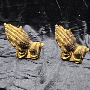 Vintage Gold Tone Praying Hands Bookends Desk Decor Set